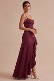 Burgundy Ruffled Spaghetti Straps Mermaid Long Formal Dress with Slit