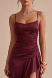 Burgundy Ruffled Spaghetti Straps Mermaid Long Formal Dress with Slit