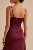 Burgundy Ruffled Spaghetti Straps Mermaid Long Formal Dress with Slit