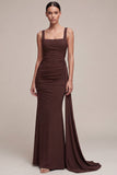 Brown Square Neck Long Mermaid Formal Dress with Side Cape