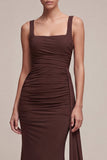 Brown Square Neck Long Mermaid Formal Dress with Side Cape