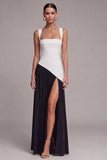 Black and White Colorblock Corset Square Neck Formal Dress with Slit