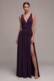 Plum A Line V Neck Ruched Formal Dress with Rhinestone