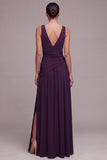 Plum A Line V Neck Ruched Formal Dress with Rhinestone