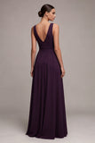 Plum A Line V Neck Ruched Formal Dress with Rhinestone