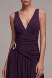 Plum A Line V Neck Ruched Formal Dress with Rhinestone