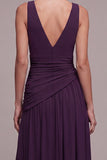 Plum A Line V Neck Ruched Formal Dress with Rhinestone
