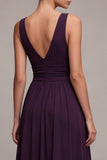 Plum A Line V Neck Ruched Formal Dress with Rhinestone