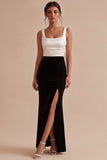 Mermaid Black and White Colorblock Square Neck Formal Dress with Slit