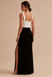 Mermaid Black and White Colorblock Square Neck Formal Dress with Slit