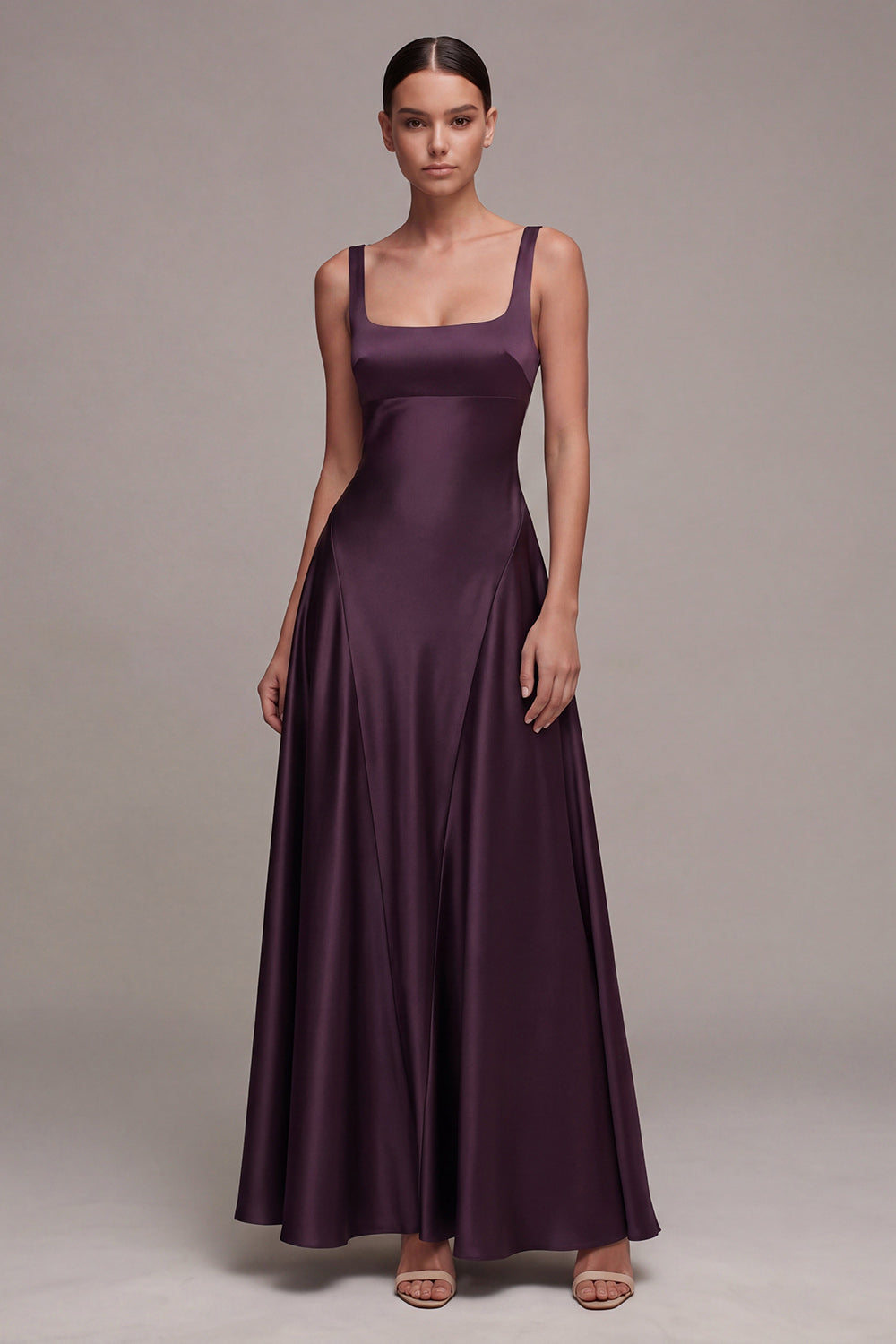 Zapaka Women Plum A Line Formal Dress Square Neck Satin Long Evening Dress, Black / US18W