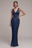 Navy Mermaid Corset Satin Formal Dress with Lace