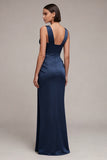 Navy Mermaid Corset Satin Formal Dress with Lace