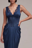 Navy Mermaid Corset Satin Formal Dress with Lace