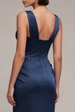 Navy Mermaid Corset Satin Formal Dress with Lace