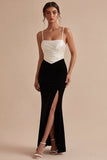 Mermaid Black and White Spaghetti Straps Formal Dress with Slit