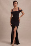 Black Cold Shoulder Mermaid Ruched Long Formal Dress with Slit