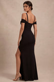 Black Cold Shoulder Mermaid Ruched Long Formal Dress with Slit