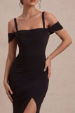Black Cold Shoulder Mermaid Ruched Long Formal Dress with Slit
