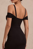 Black Cold Shoulder Mermaid Ruched Long Formal Dress with Slit