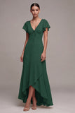Dark Green V-Neck High Low A Line Formal Dress