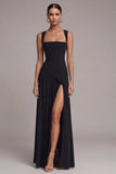 Black Square Neck A Line Long Formal Dress with Slit