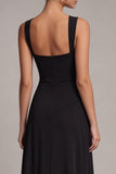 Black Square Neck A Line Long Formal Dress with Slit
