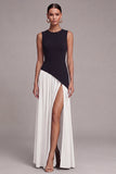 Black and White Round Neck Long Sheath Formal Dress with Slit