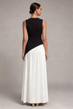 Black and White Round Neck Long Sheath Formal Dress with Slit