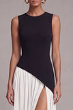 Black and White Round Neck Long Sheath Formal Dress with Slit