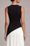Black and White Round Neck Long Sheath Formal Dress with Slit