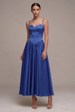 Royal Blue Spaghetti Straps Basque Waist A Line Long Formal Dress