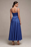 Royal Blue Spaghetti Straps Basque Waist A Line Long Formal Dress