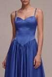 Royal Blue Spaghetti Straps Basque Waist A Line Long Formal Dress