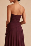 Burgundy A Line Ruched Strapless Long Formal Dress