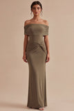 Khaki Off the Shoulder Mermaid Ruched Long Formal Dress