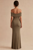 Khaki Off the Shoulder Mermaid Ruched Long Formal Dress