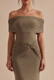 Khaki Off the Shoulder Mermaid Ruched Long Formal Dress