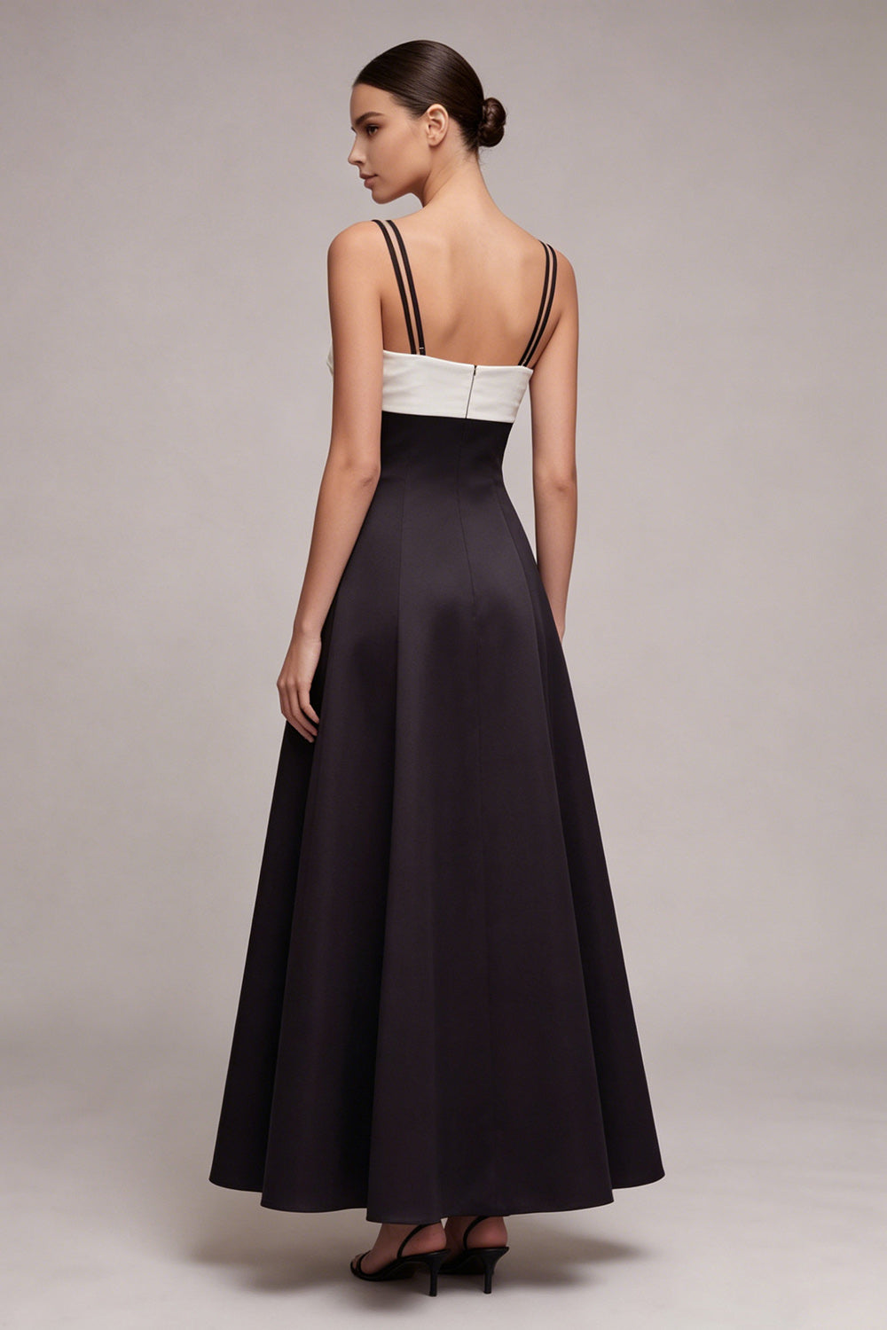 Zapaka Women Black and White Long Formal Dress Satin Spaghetti Straps A Line Evening Dress, Black and White / US8