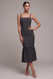 Black and White Mermaid Spaghetti Straps Midi Polka Dots Dress