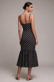 Black and White Mermaid Spaghetti Straps Midi Polka Dots Dress