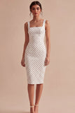 White and Black Square Neck Bodycon Midi Polka Dots Dress