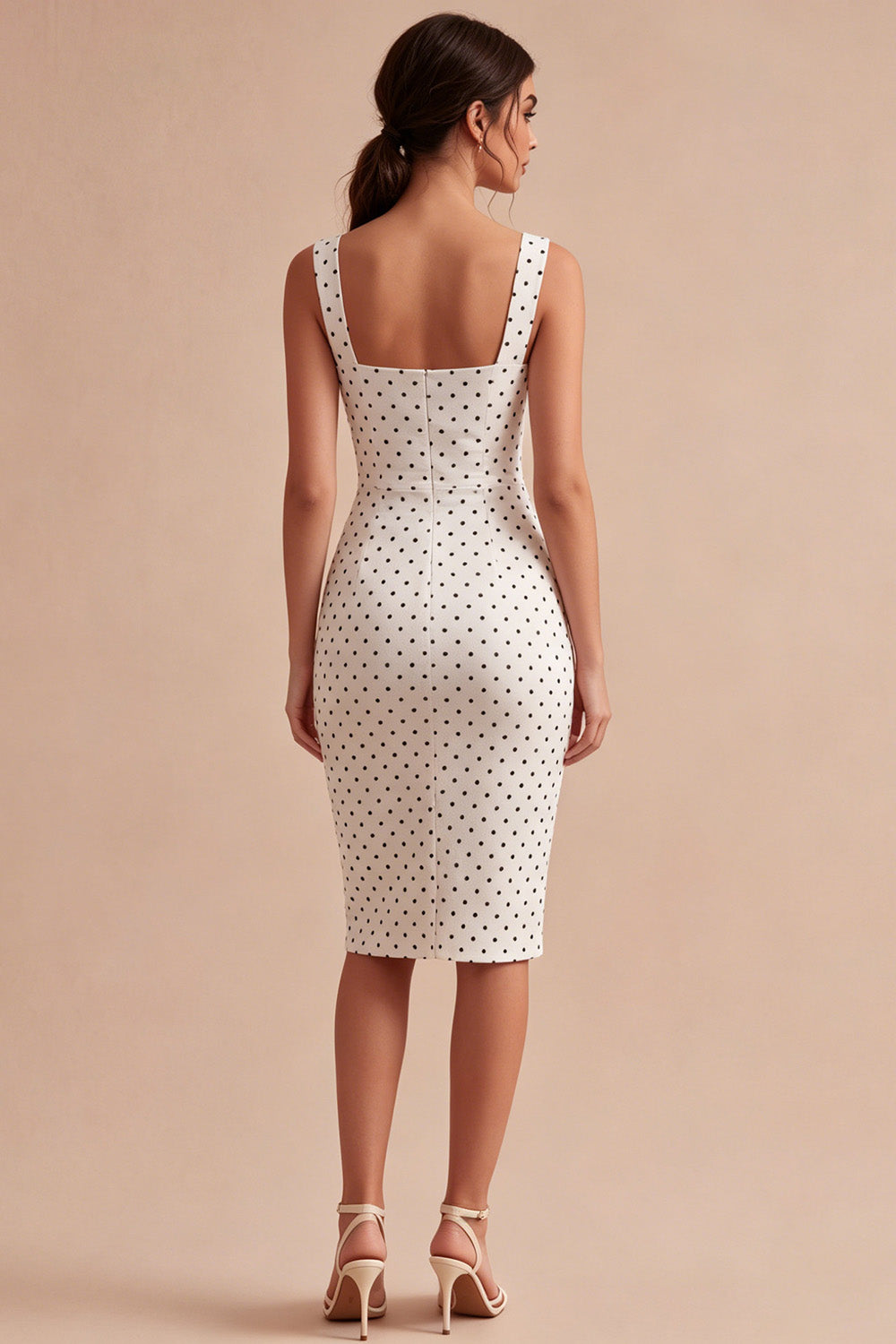 Zapaka Women White and Black Midi Polka Dots Dress Square Neck Bodycon Wedding Guest Dress, White Black Dot / US16W