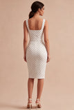 White and Black Square Neck Bodycon Midi Polka Dots Dress