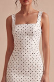 White and Black Square Neck Bodycon Midi Polka Dots Dress