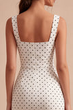 White and Black Square Neck Bodycon Midi Polka Dots Dress