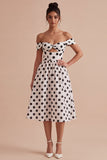 White and Black Keyhole Off the Shoulder A Line Midi Polka Dots Dress