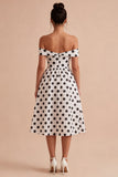 White and Black Keyhole Off the Shoulder A Line Midi Polka Dots Dress