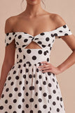 White and Black Keyhole Off the Shoulder A Line Midi Polka Dots Dress