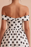 White and Black Keyhole Off the Shoulder A Line Midi Polka Dots Dress